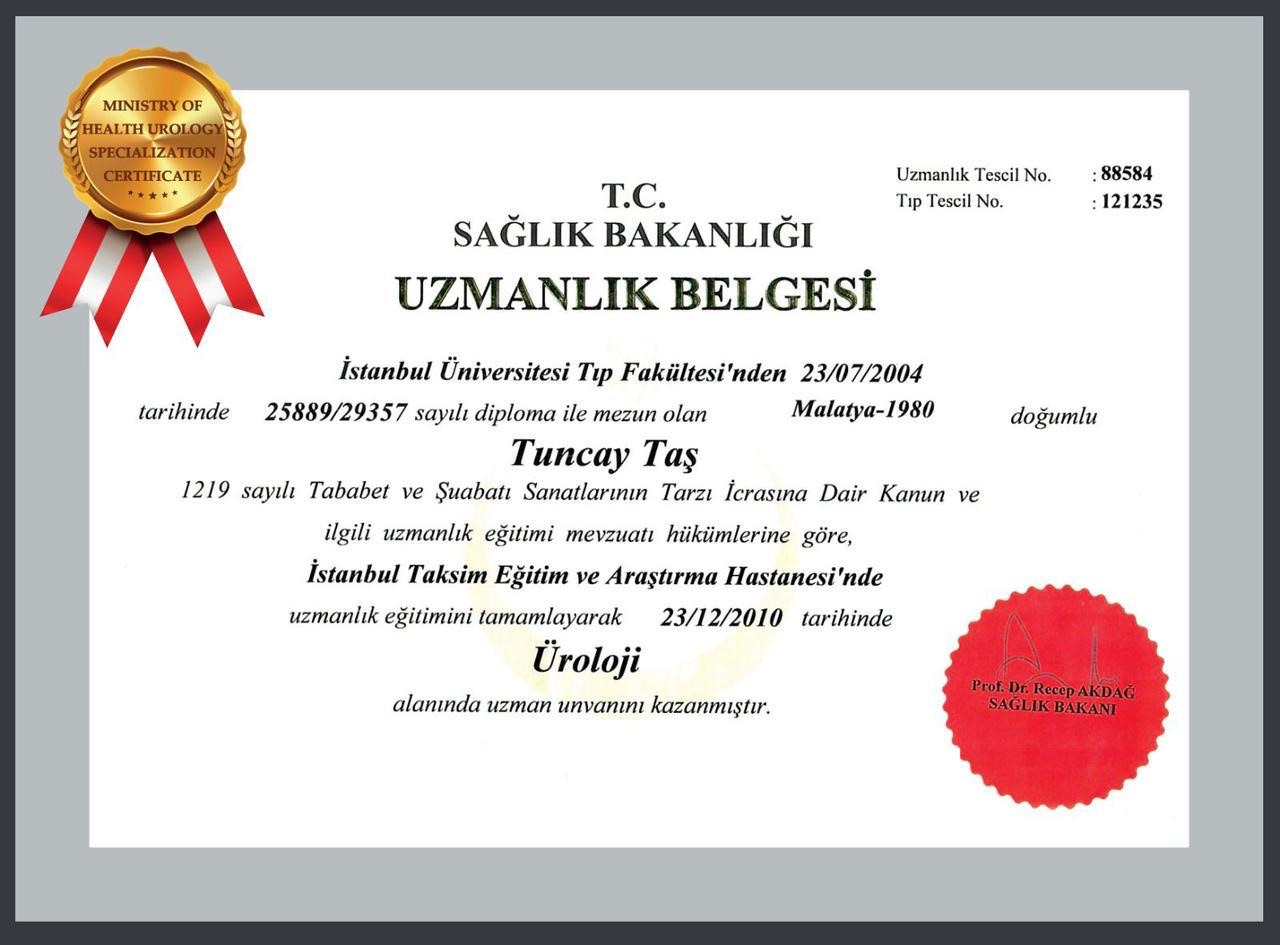 Dr Tuncay Tas certificate