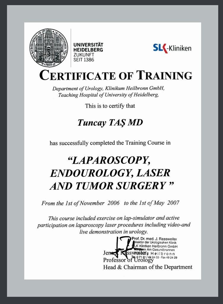 Dr Tuncay Tas certificate