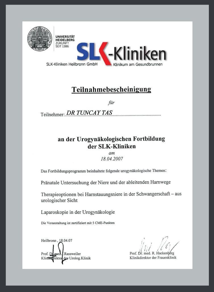 Dr Tuncay Tas certificate