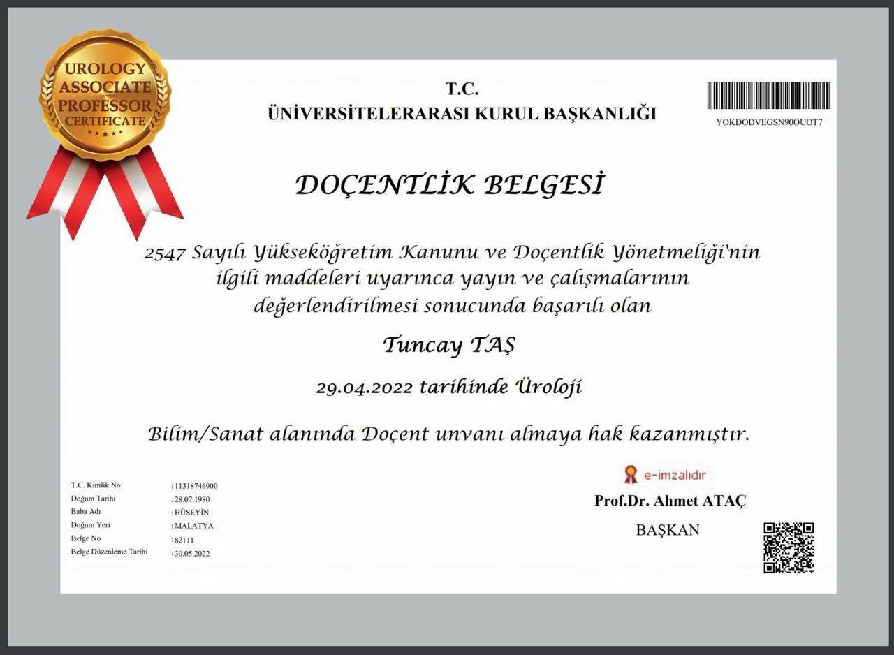 Dr Tuncay Tas certificate