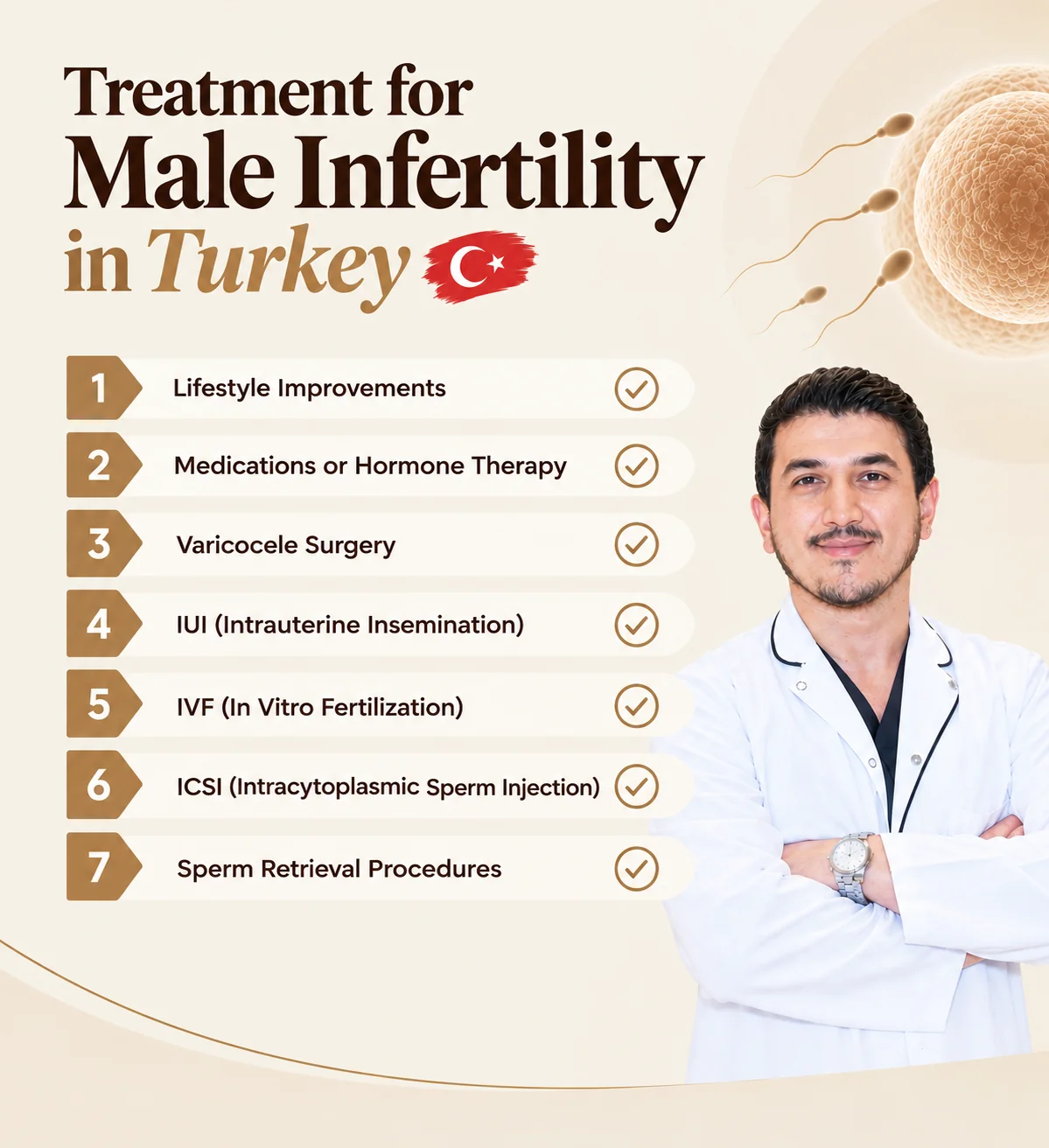 خيارات علاج العقم عند الرجال في تركيا: تحسين نمط الحياة، والأدوية أو العلاج الهرموني، وجراحة دوالي الخصية، والتلقيح داخل الرحم، وأطفال الأنابيب، والحقن المجهري، واستخراج الحيوانات المنوية