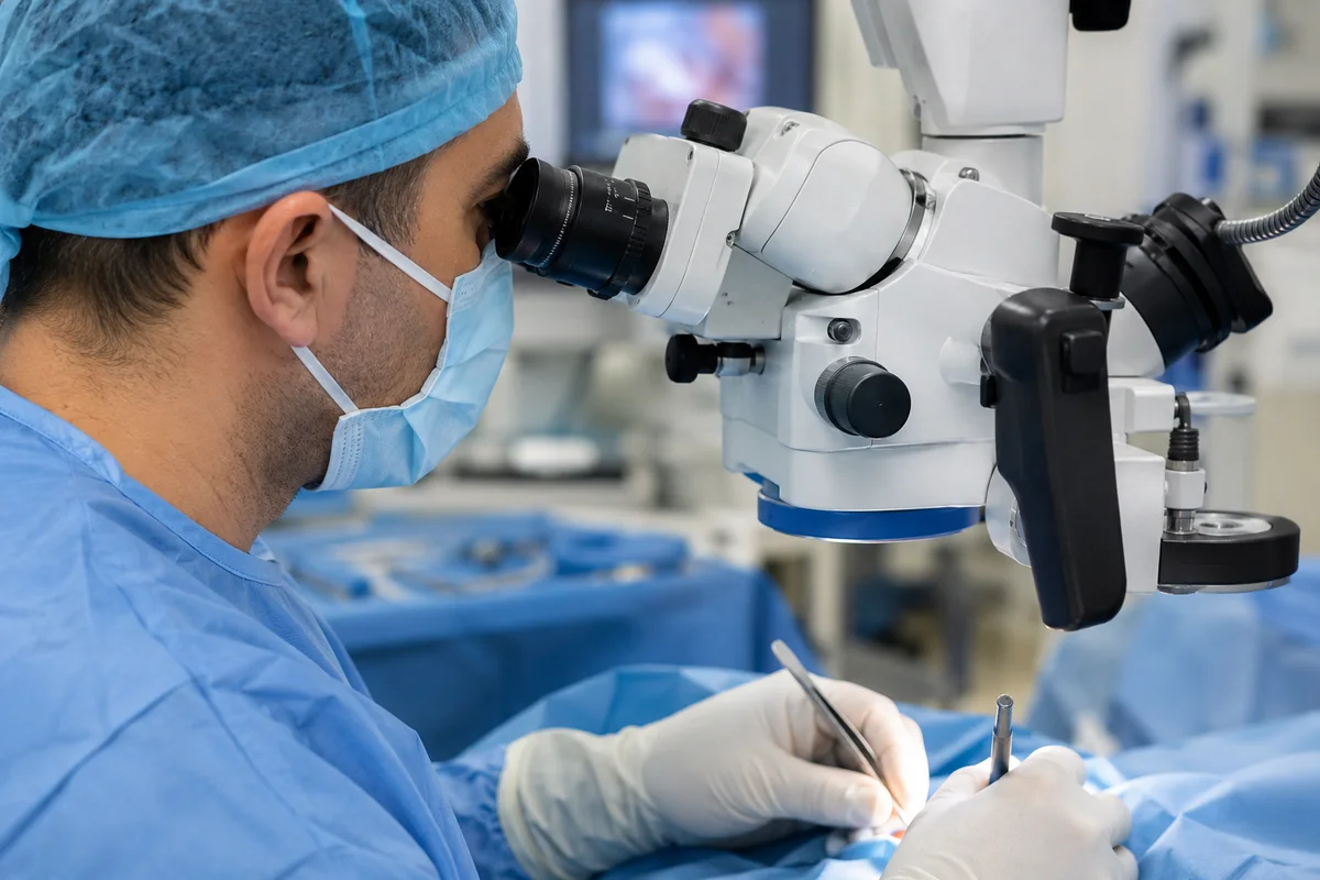Surgeon looking through the operating microscope while performing microscopic varicocele surgery with fine microsurgical instruments