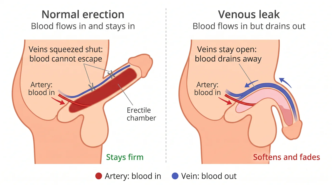 Normal erection with veins squeezed shut so blood stays in, beside a venous leak where open veins let blood drain out and the erection fades