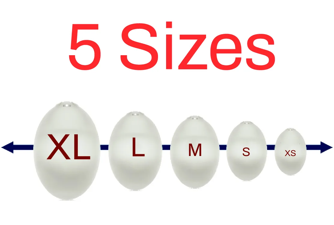 Five testicular implant sizes side by side, from extra small through to extra large