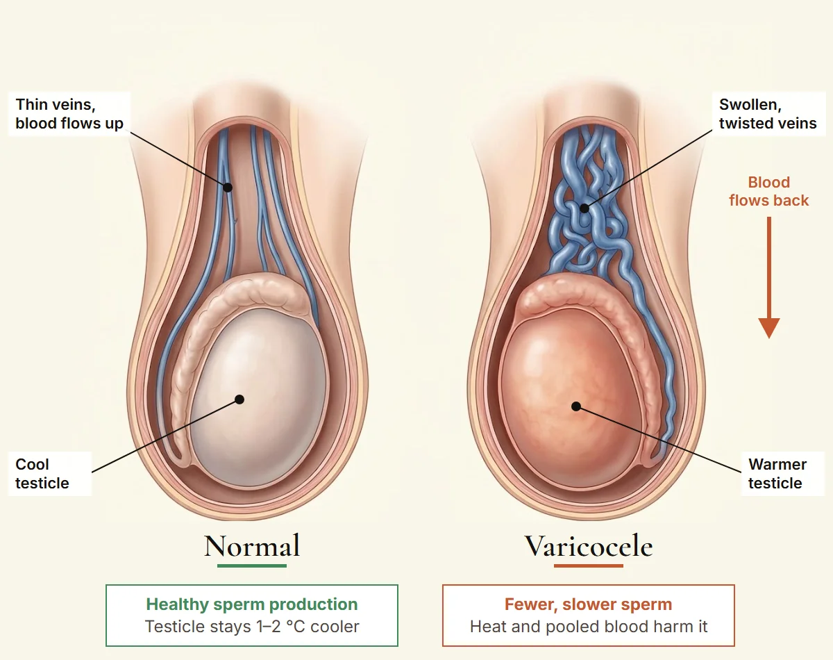 Normal testicle with thin veins that keep it cool, beside a varicocele with swollen, twisted veins where blood flows back and warms the testicle, lowering sperm production