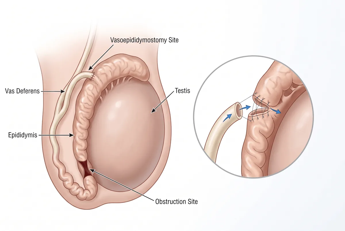 Illustration of vasoepididymostomy connecting the vas deferens to the epididymis above the obstruction